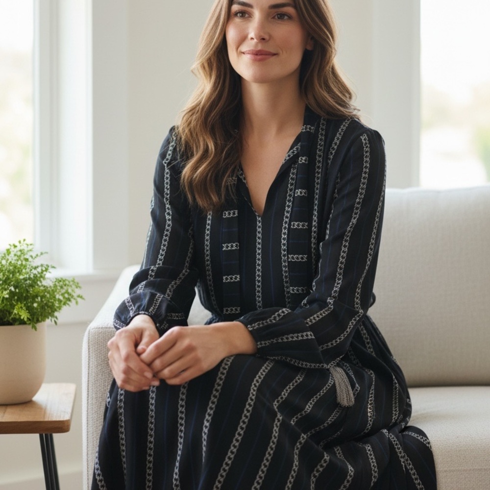 Michael Kors Black Long-Sleeve Knit Dress with white Stripe Accents